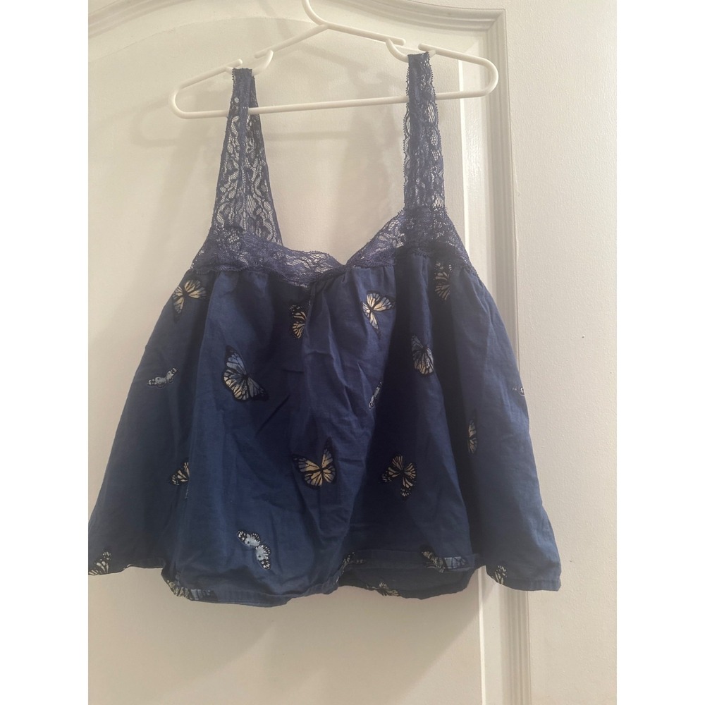 Stitch & Pine Sleep Butterfly Print Lace Trim Cotton Top Size S Navy Blue